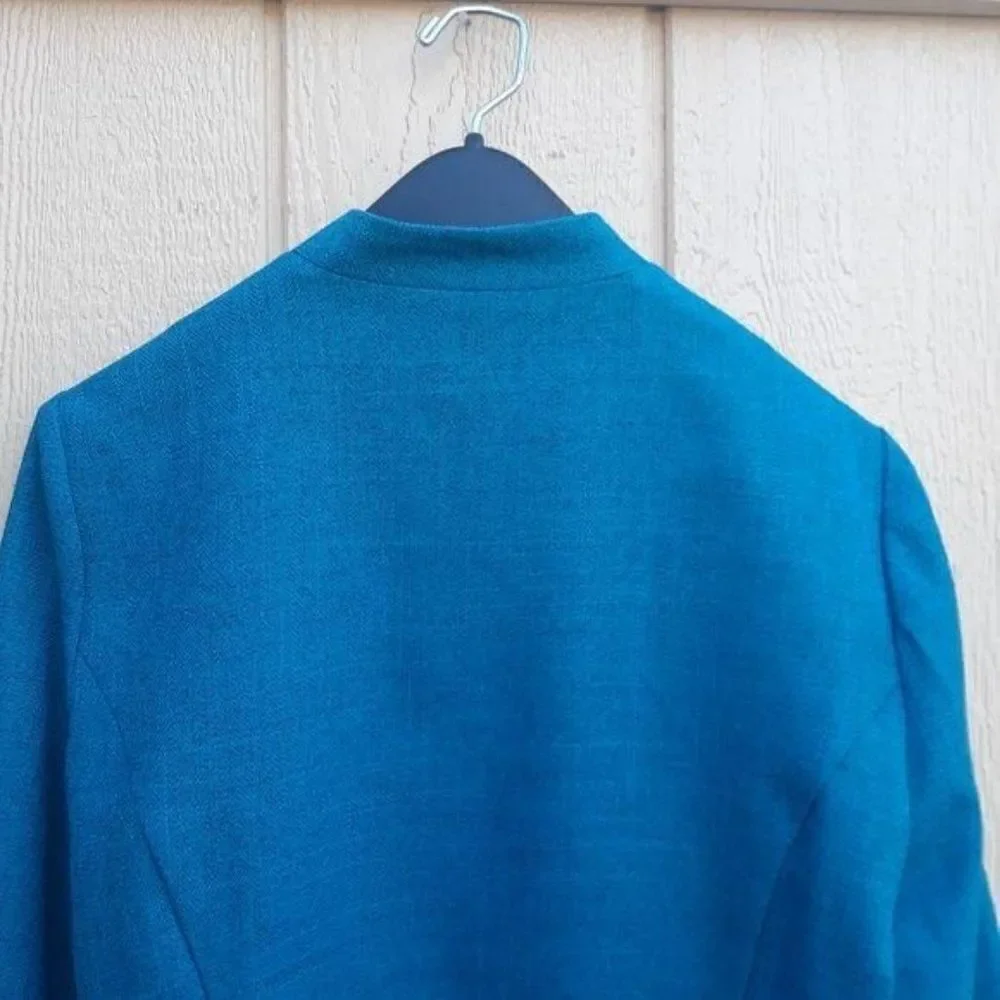 Vintage R&K Blazer Open Scalloped Mandarin Swirl Embroidered Cuffed‎ Teal Sz 14P